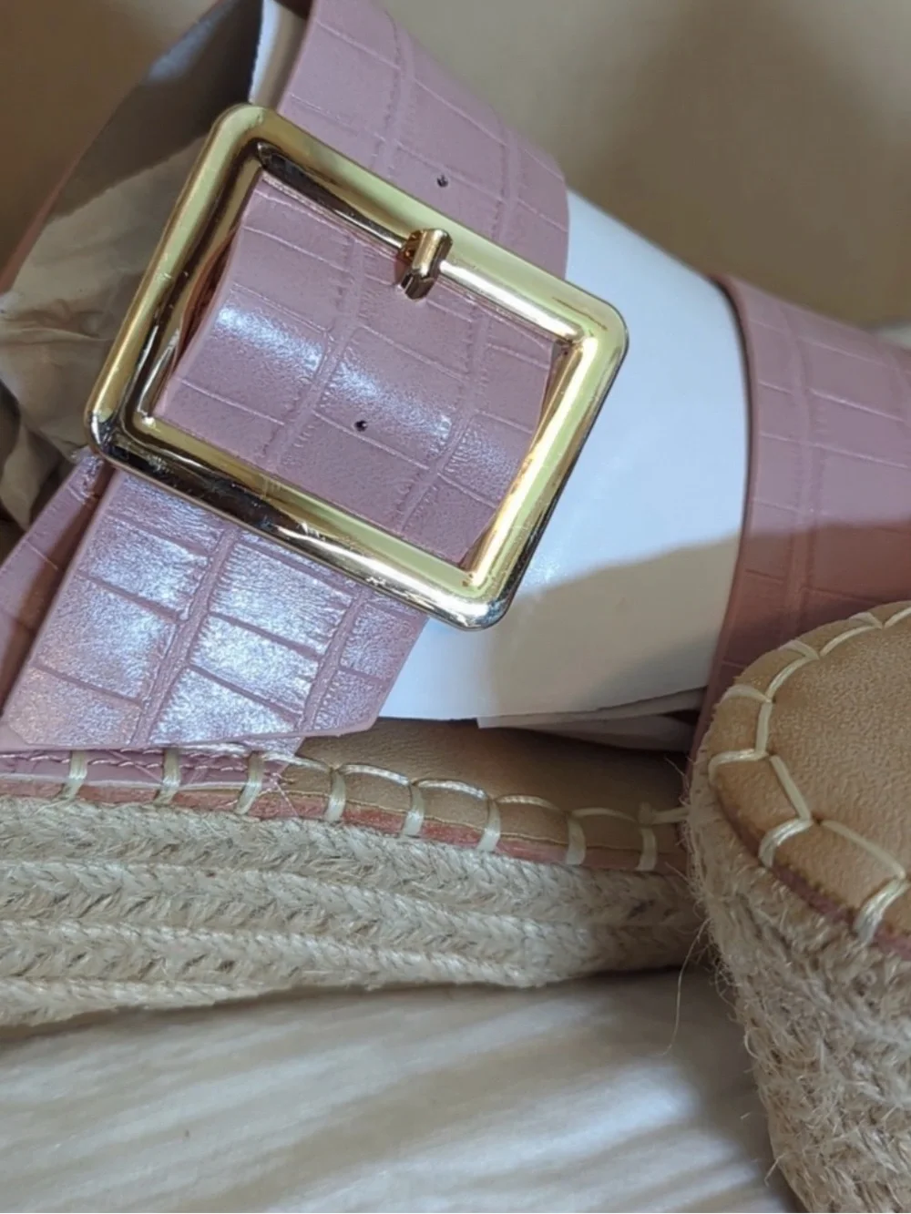 Vintage Havana Blush Pink & White Espadrille Wedge Slides with Gold Buckles